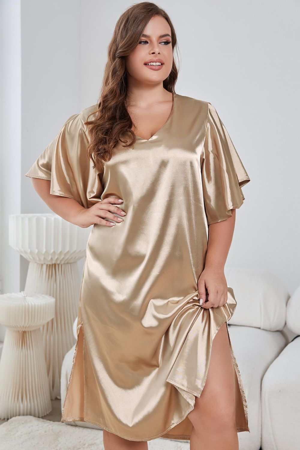 Plus Size Flutter Sleeve V-Neck Side Slit Night Gown – Fashion Bug