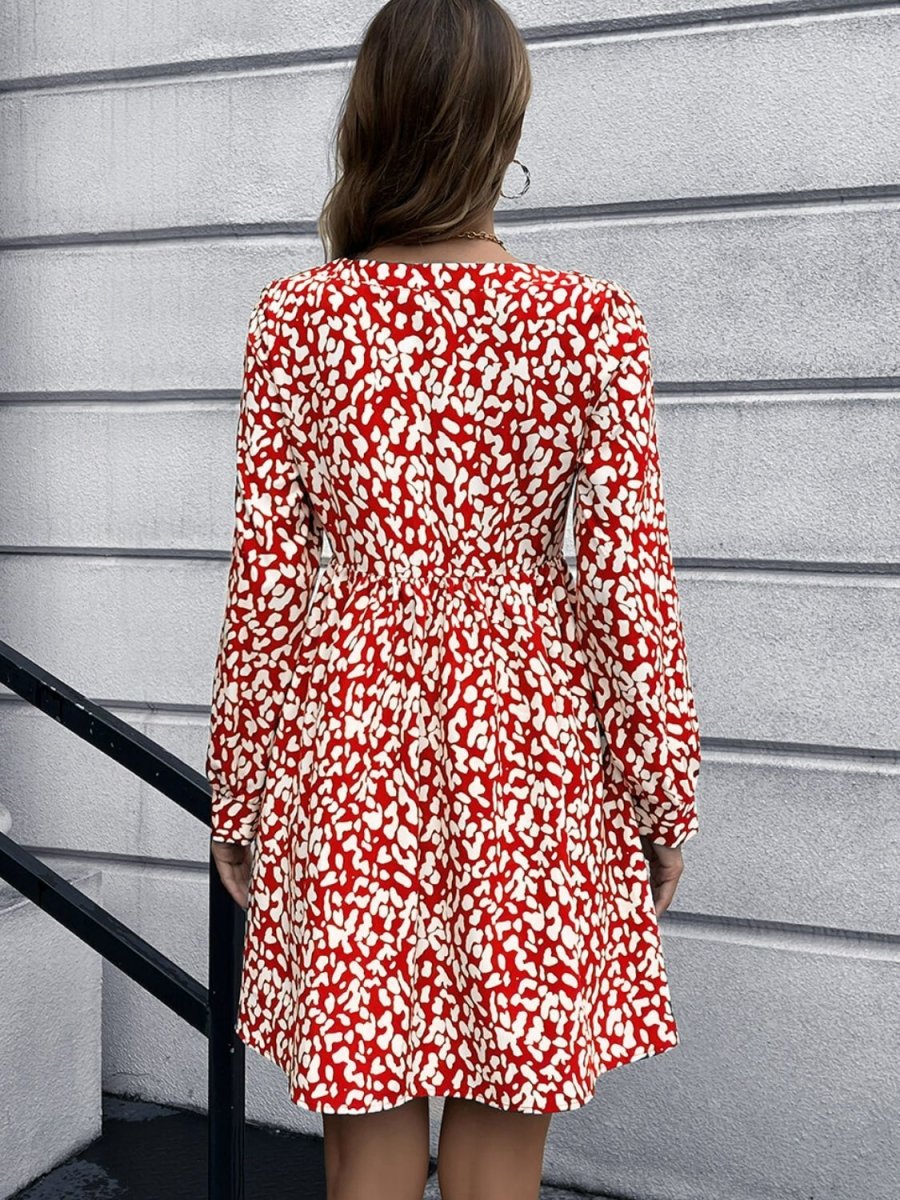 Animal Print Buttoned V-Neck Long Sleeve Dress - Fashion Bug Online