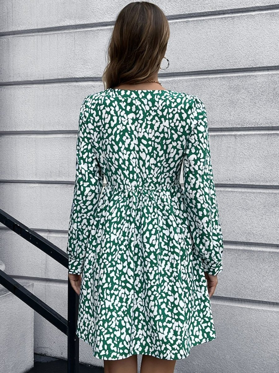 Animal Print Buttoned V-Neck Long Sleeve Dress - Fashion Bug Online
