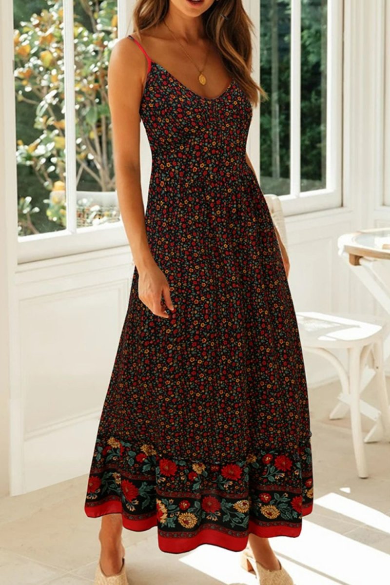 Bohemian Spaghetti Strap Frill Trim Maxi Dress - Fashion Bug Online