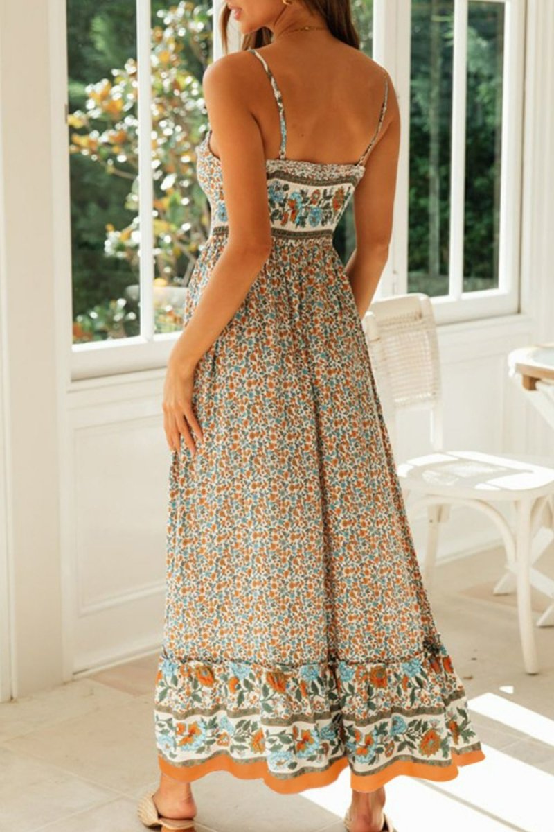 Bohemian Spaghetti Strap Frill Trim Maxi Dress - Fashion Bug Online