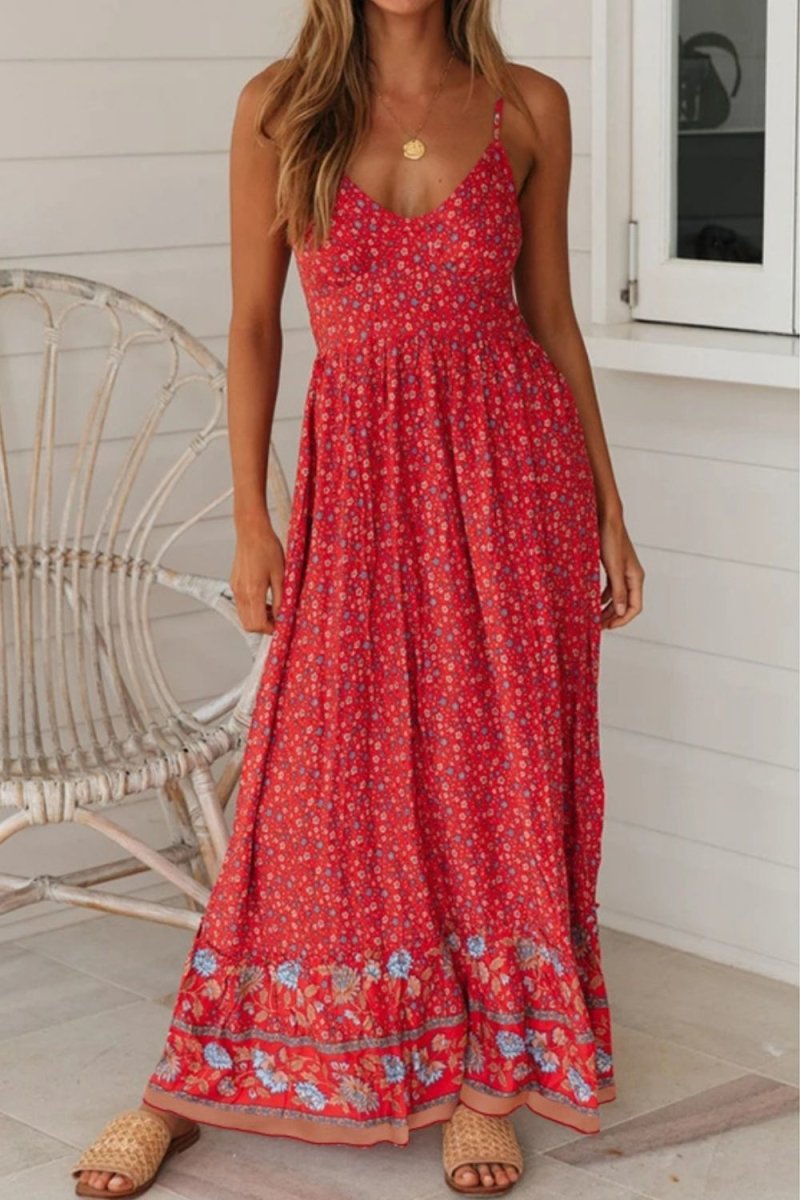Bohemian Spaghetti Strap Frill Trim Maxi Dress - Fashion Bug Online