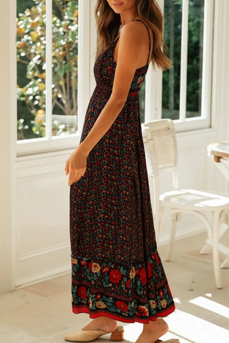Bohemian Spaghetti Strap Frill Trim Maxi Dress - Fashion Bug Online