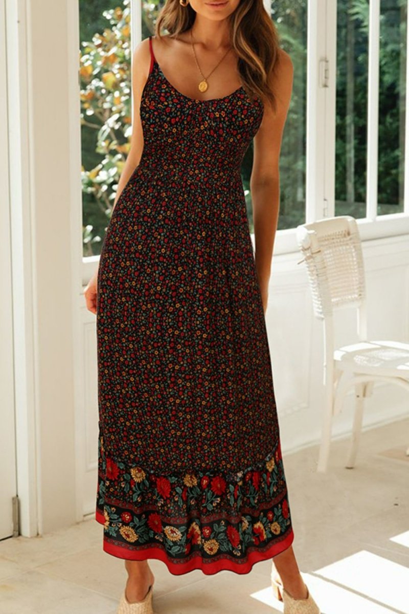 Bohemian Spaghetti Strap Frill Trim Maxi Dress - Fashion Bug Online