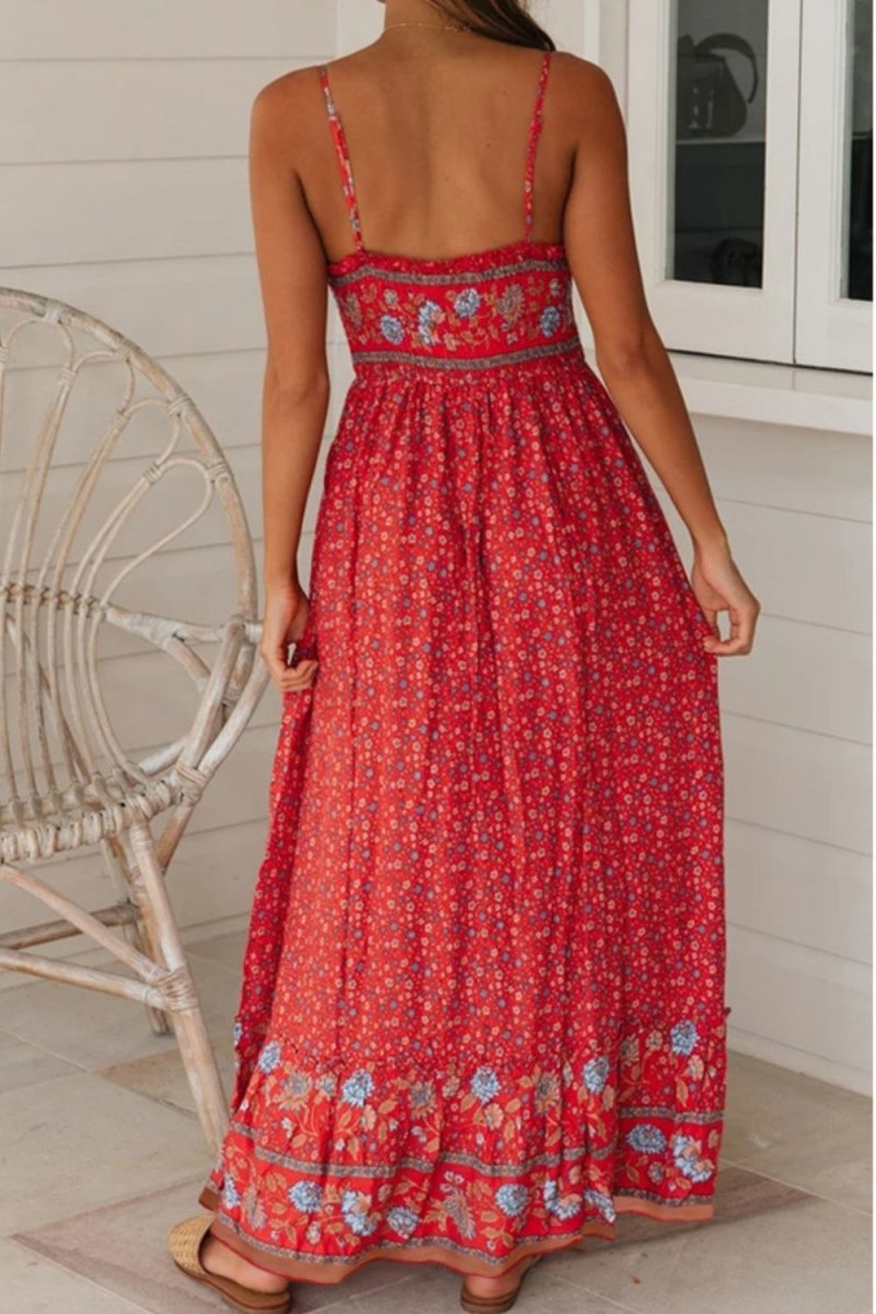 Bohemian Spaghetti Strap Frill Trim Maxi Dress - Fashion Bug Online