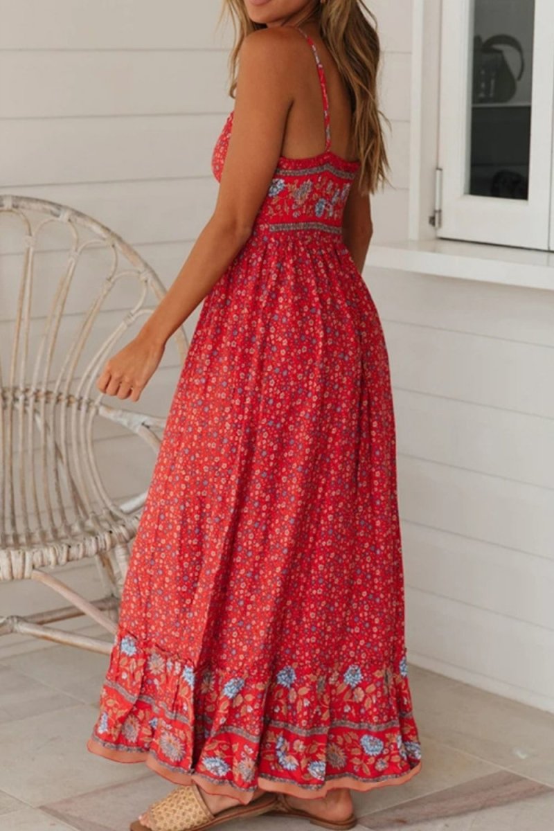 Bohemian Spaghetti Strap Frill Trim Maxi Dress - Fashion Bug Online