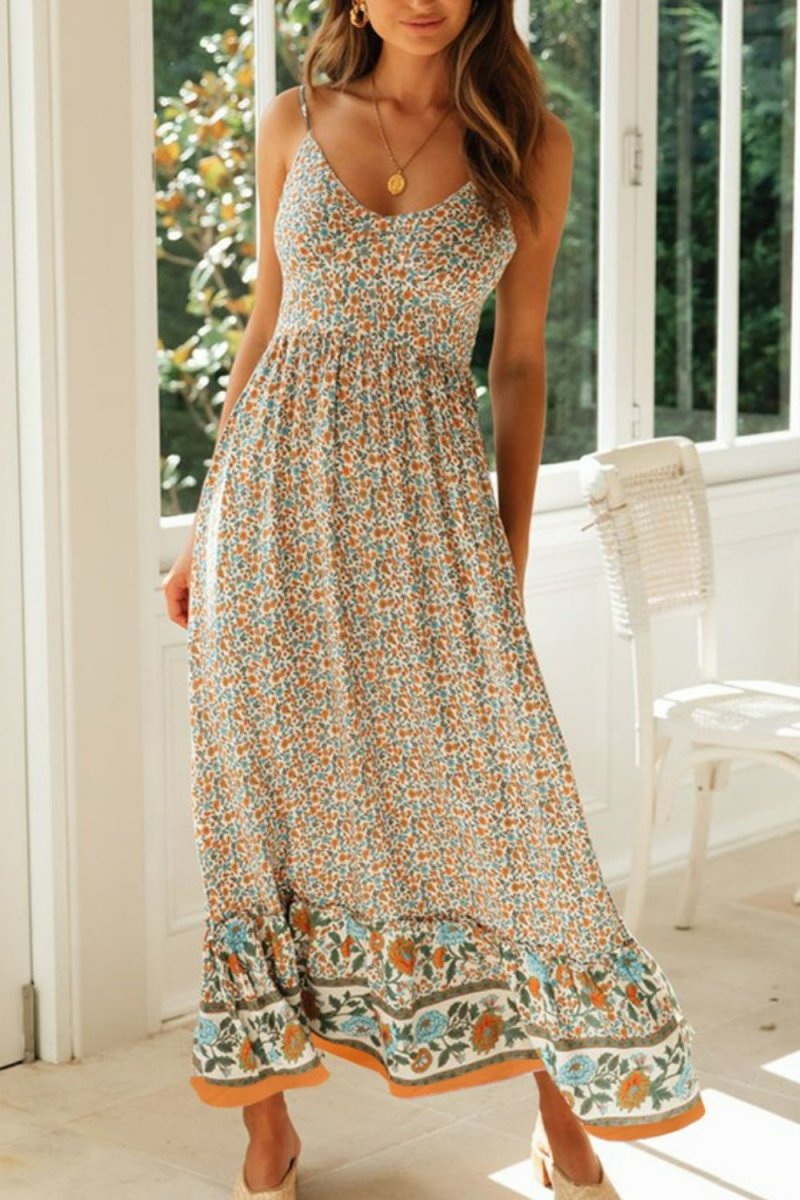 Bohemian Spaghetti Strap Frill Trim Maxi Dress - Fashion Bug Online