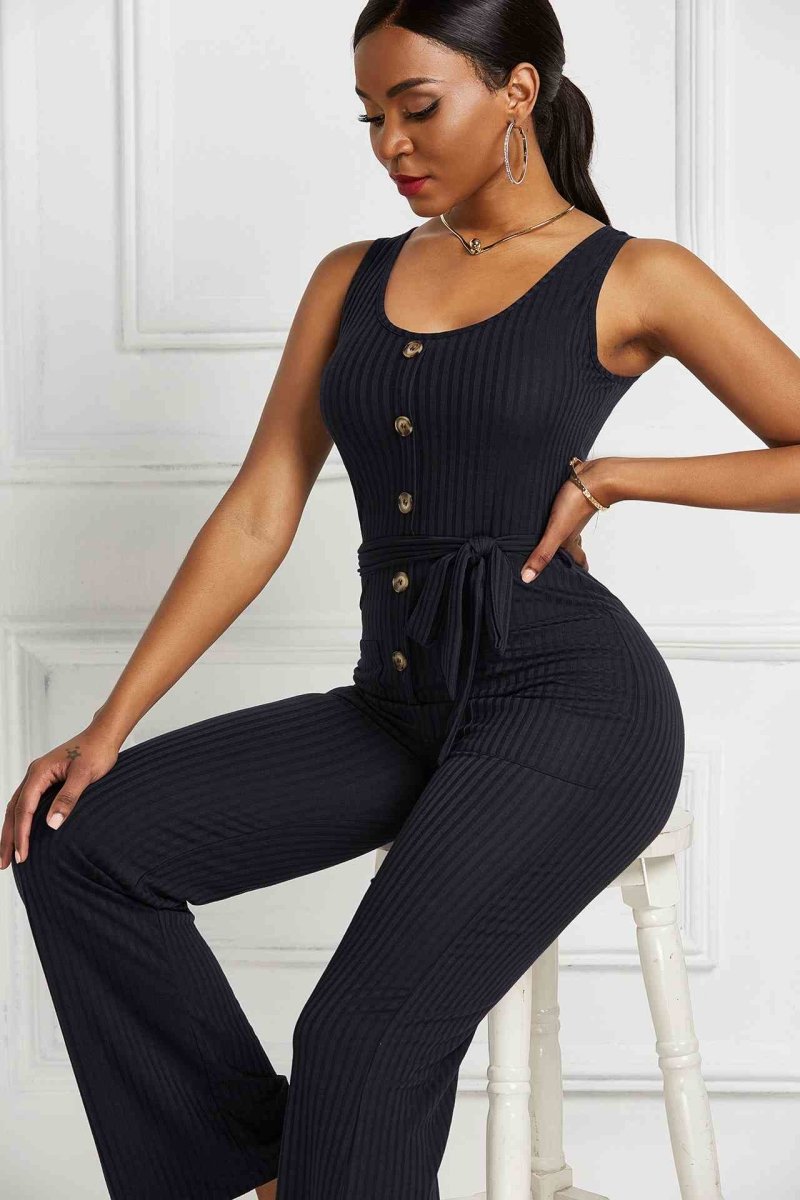 Button Detail Tie Waist Jumpsuit with Pockets - Fashion Bug Online
