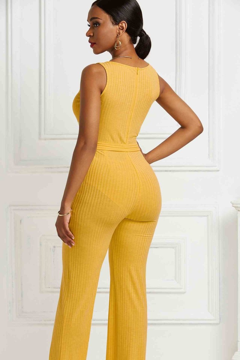 Button Detail Tie Waist Jumpsuit with Pockets - Fashion Bug Online