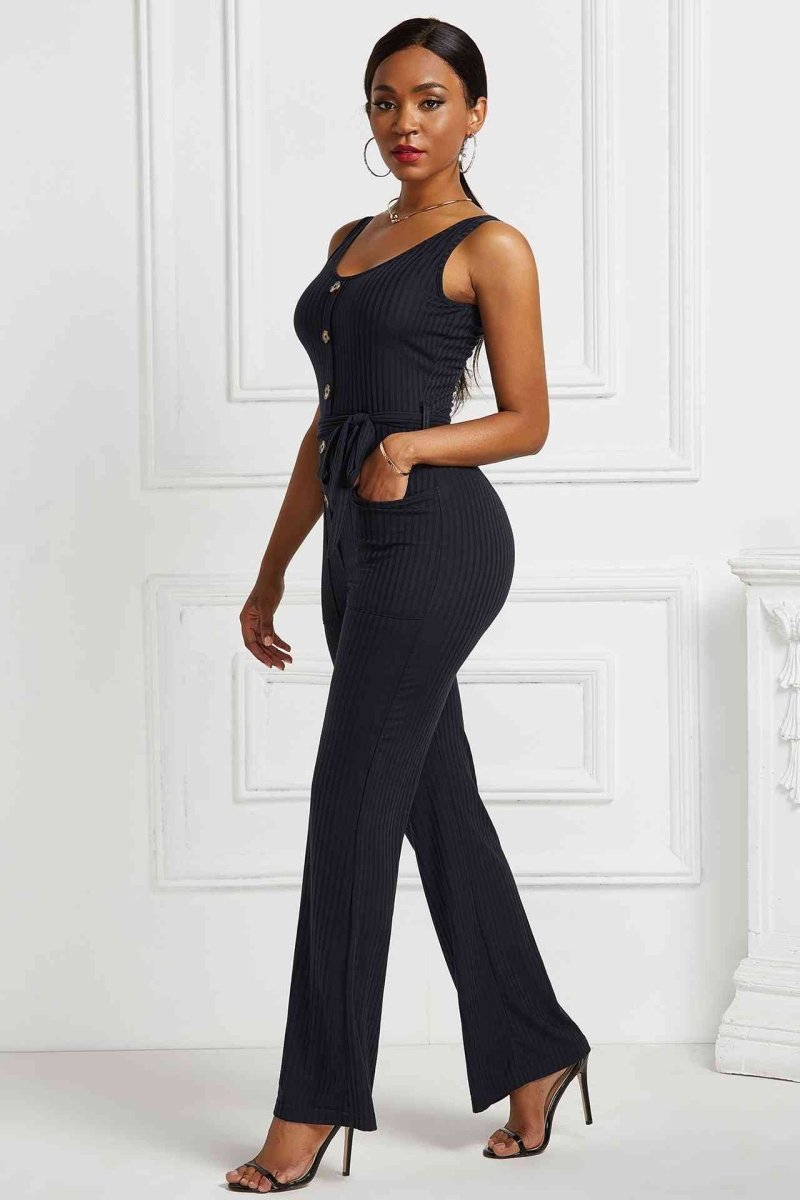 Button Detail Tie Waist Jumpsuit with Pockets - Fashion Bug Online