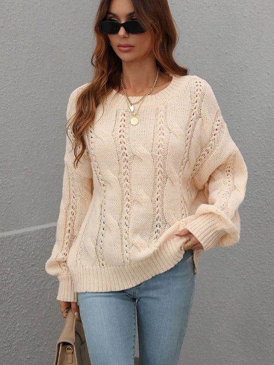 Cable-Knit Openwork Round Neck Sweater - Fashion Bug Online