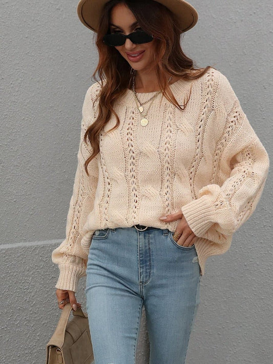 Cable-Knit Openwork Round Neck Sweater - Fashion Bug Online