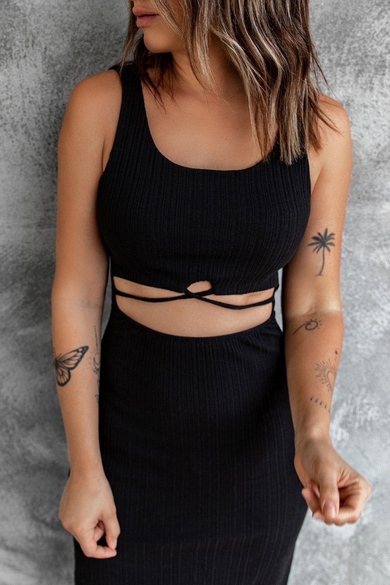 Crisscross Cutout Scoop Neck Slit Midi Dress - Fashion Bug Online