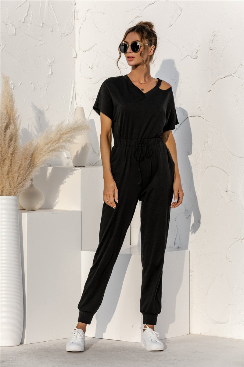 Cut Out V-neck Drawstring Jumpsuit - Fashion Bug Online