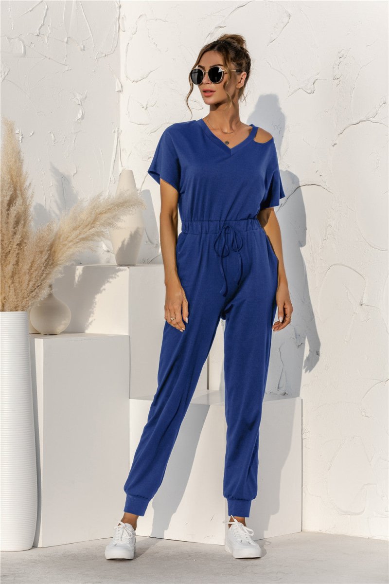 Cut Out V-neck Drawstring Jumpsuit - Fashion Bug Online