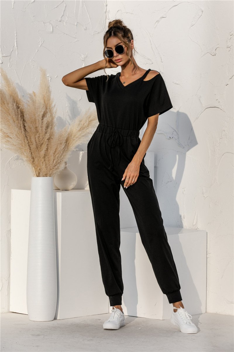 Cut Out V-neck Drawstring Jumpsuit - Fashion Bug Online