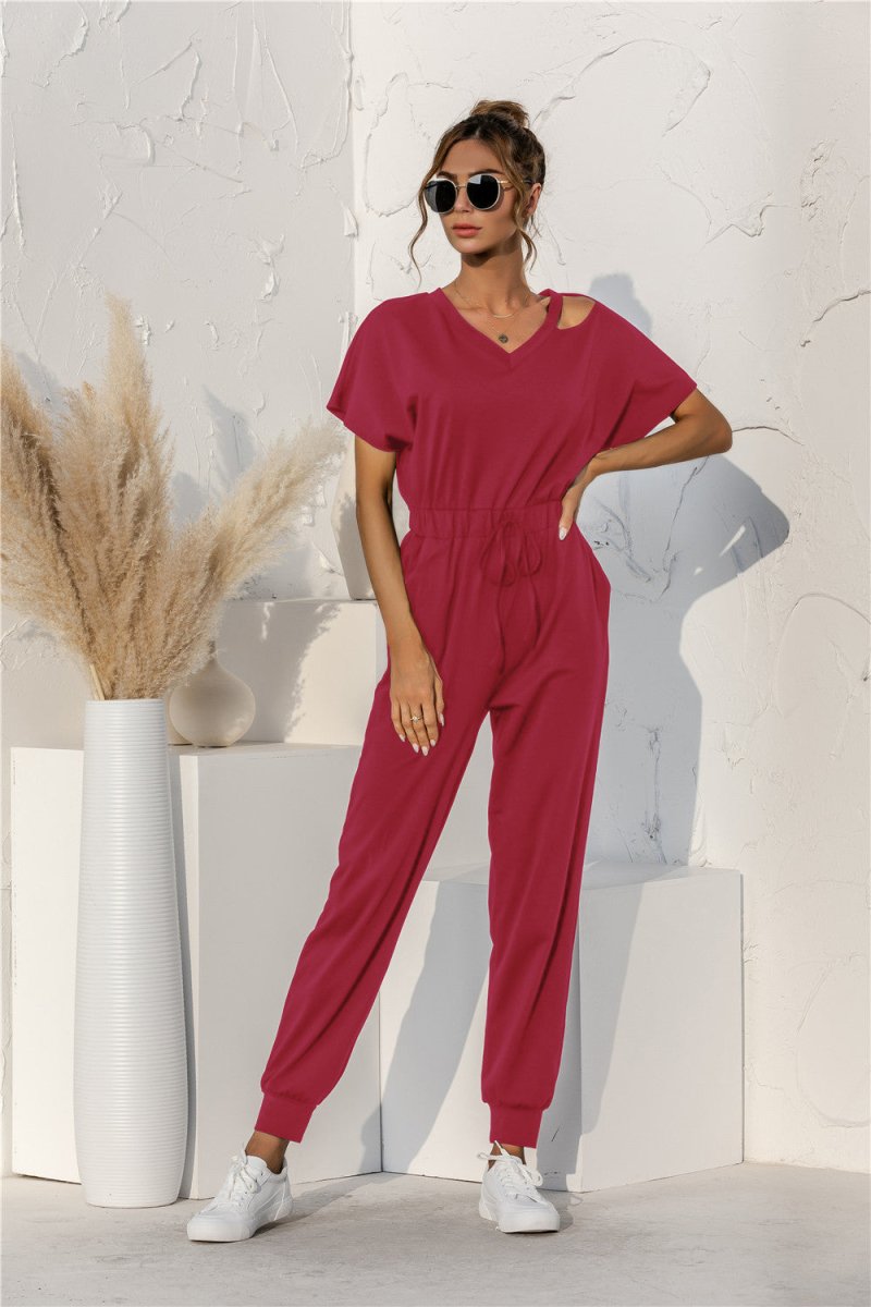 Cut Out V-neck Drawstring Jumpsuit - Fashion Bug Online