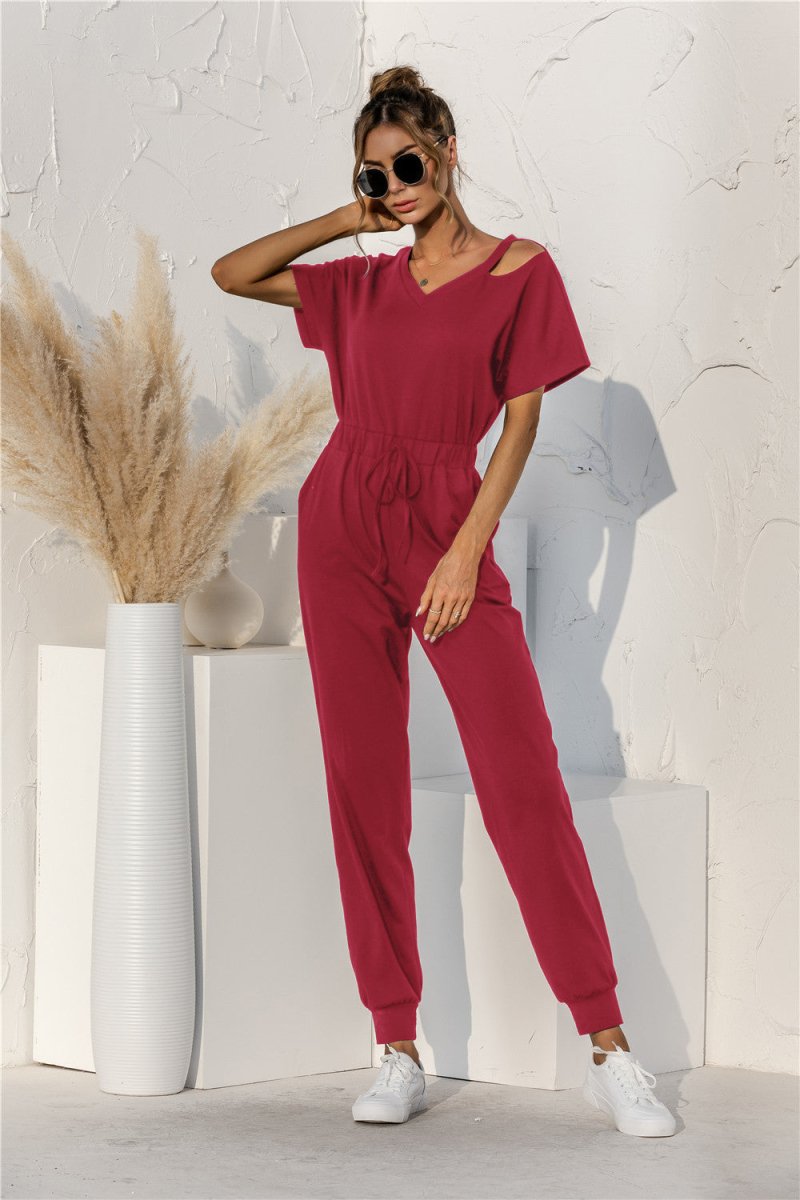 Cut Out V-neck Drawstring Jumpsuit - Fashion Bug Online