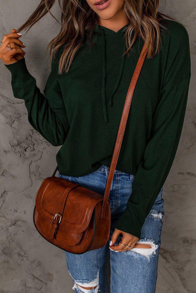 Dropped Shoulder Drawstring Hooded Knit Top - Fashion Bug Online