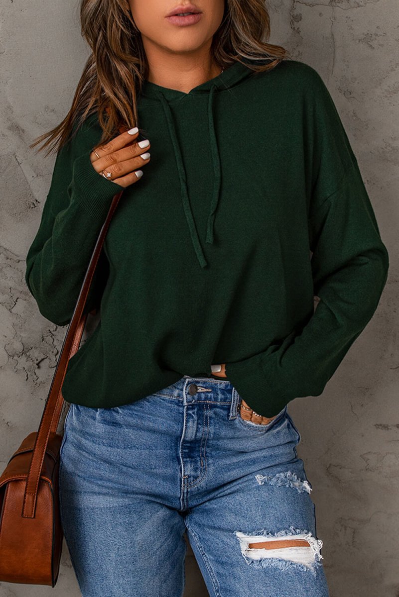Dropped Shoulder Drawstring Hooded Knit Top - Fashion Bug Online