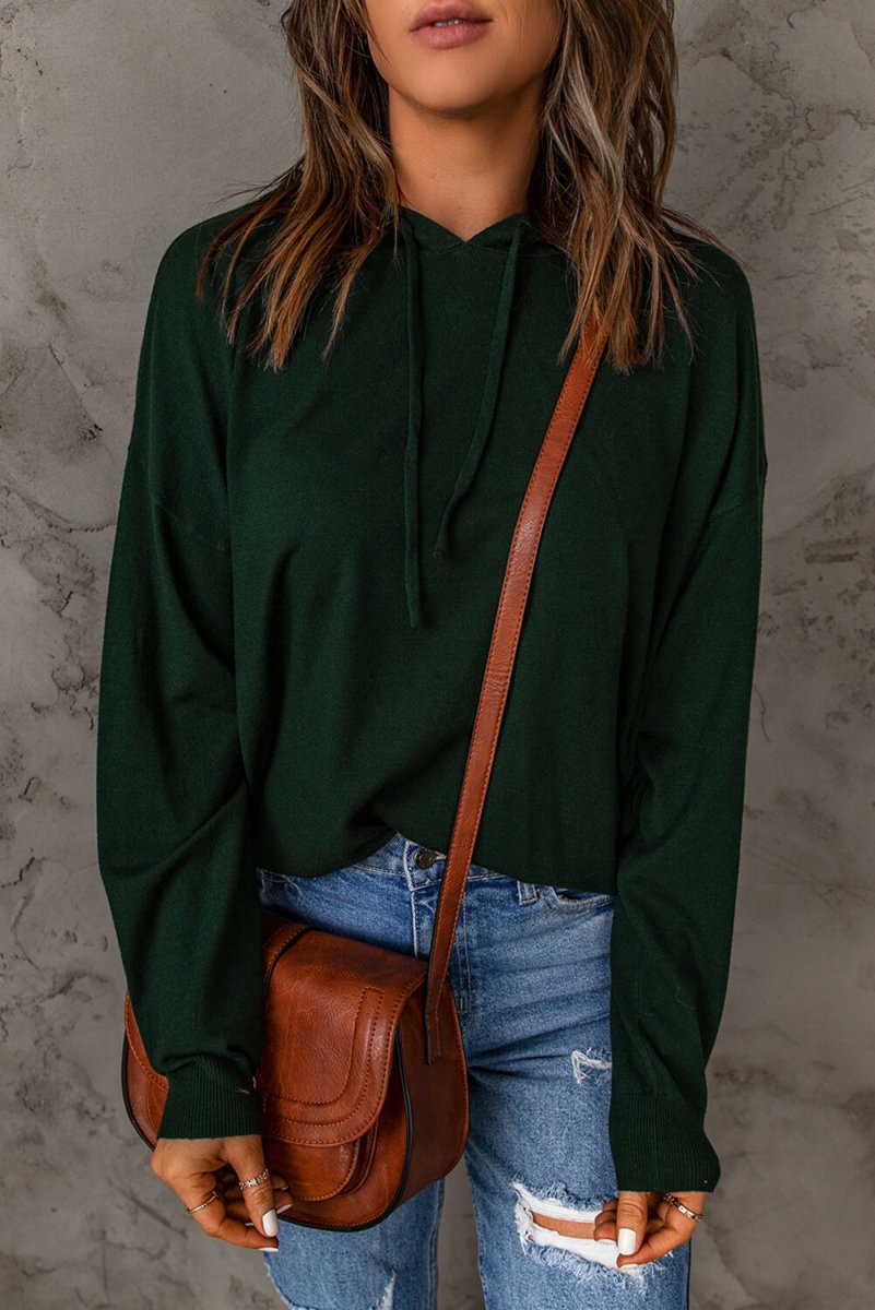 Dropped Shoulder Drawstring Hooded Knit Top - Fashion Bug Online