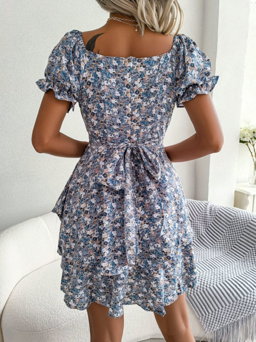 Floral Sweetheart Neck Flounce Sleeve Mini Dress - Fashion Bug Online
