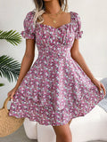Floral Sweetheart Neck Flounce Sleeve Mini Dress - Fashion Bug Online