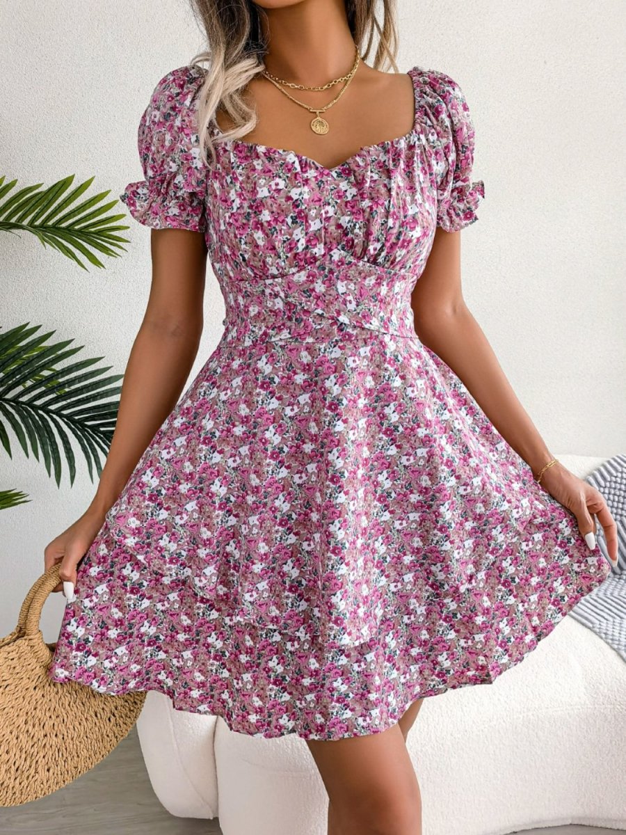 Floral Sweetheart Neck Flounce Sleeve Mini Dress - Fashion Bug Online