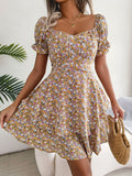 Floral Sweetheart Neck Flounce Sleeve Mini Dress - Fashion Bug Online