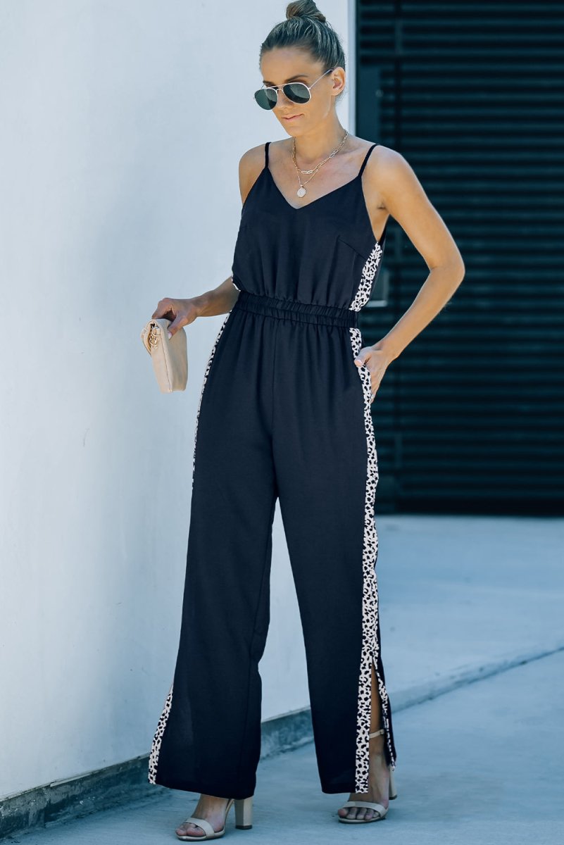 Leopard Contrast Spaghetti Strap Wide Leg Jumpsuit - Fashion Bug Online