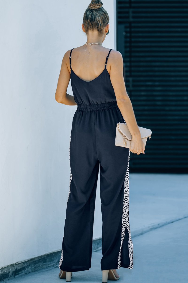 Leopard Contrast Spaghetti Strap Wide Leg Jumpsuit - Fashion Bug Online