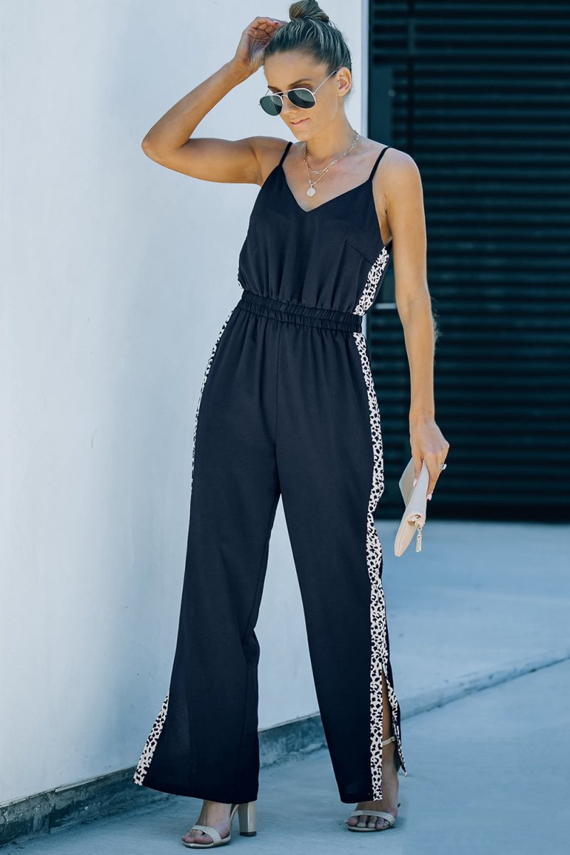 Leopard Contrast Spaghetti Strap Wide Leg Jumpsuit - Fashion Bug Online
