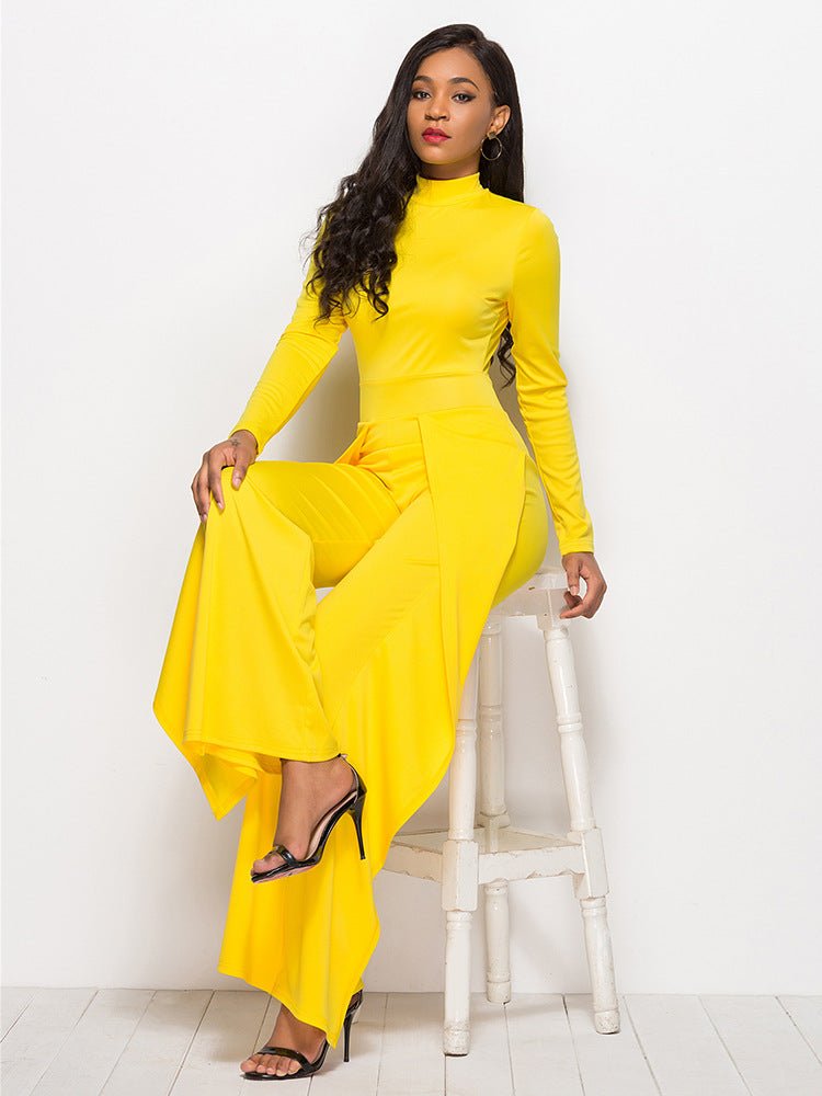 Long Sleeve Mock Neck Wide Leg Jumpsuit - Fashion Bug Online