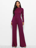 Long Sleeve Mock Neck Wide Leg Jumpsuit - Fashion Bug Online