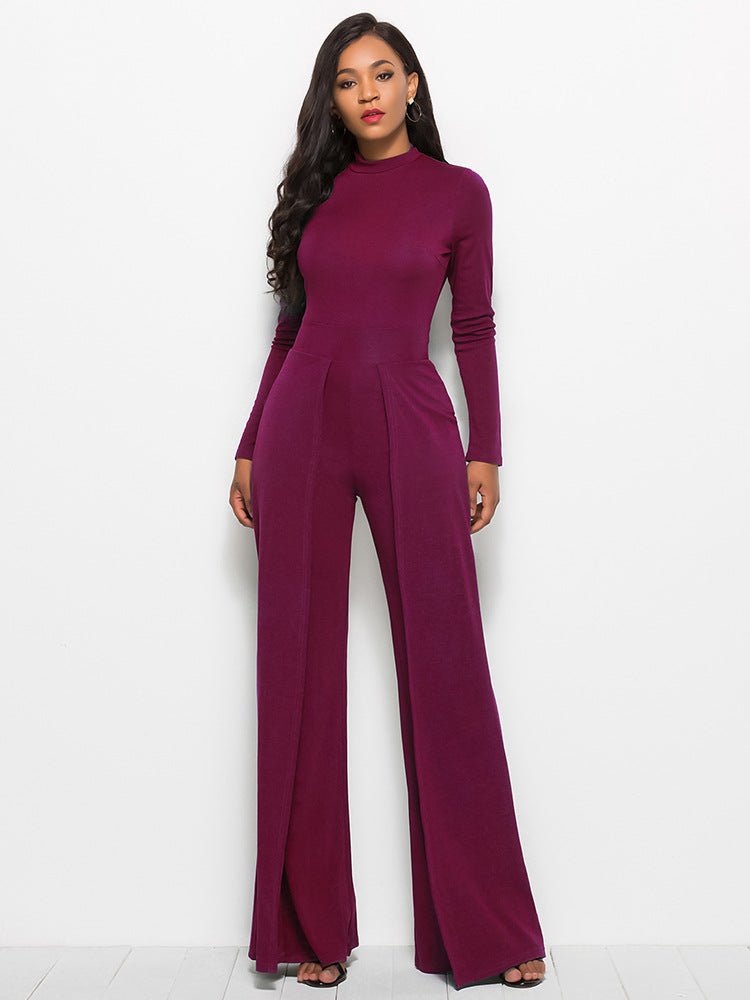 Long Sleeve Mock Neck Wide Leg Jumpsuit - Fashion Bug Online