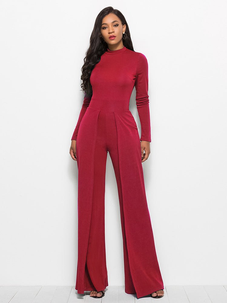 Long Sleeve Mock Neck Wide Leg Jumpsuit - Fashion Bug Online
