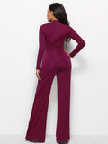 Long Sleeve Mock Neck Wide Leg Jumpsuit - Fashion Bug Online