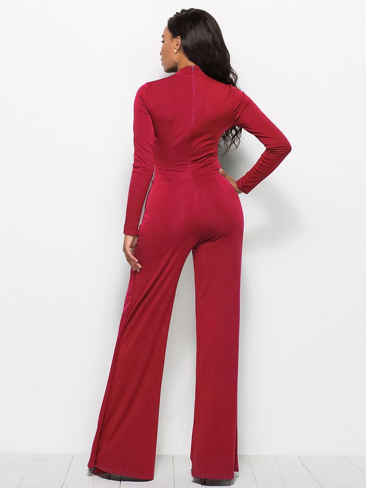 Long Sleeve Mock Neck Wide Leg Jumpsuit - Fashion Bug Online