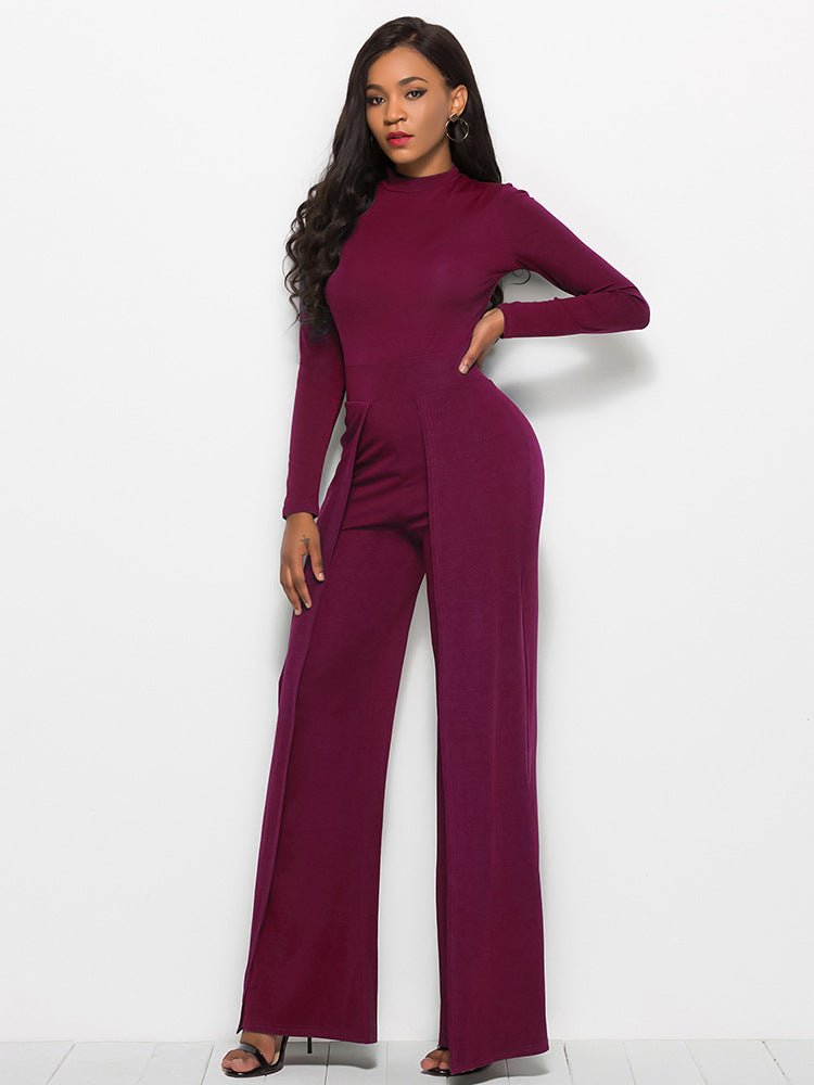 Long Sleeve Mock Neck Wide Leg Jumpsuit - Fashion Bug Online