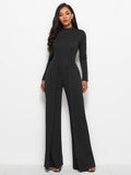 Long Sleeve Mock Neck Wide Leg Jumpsuit - Fashion Bug Online