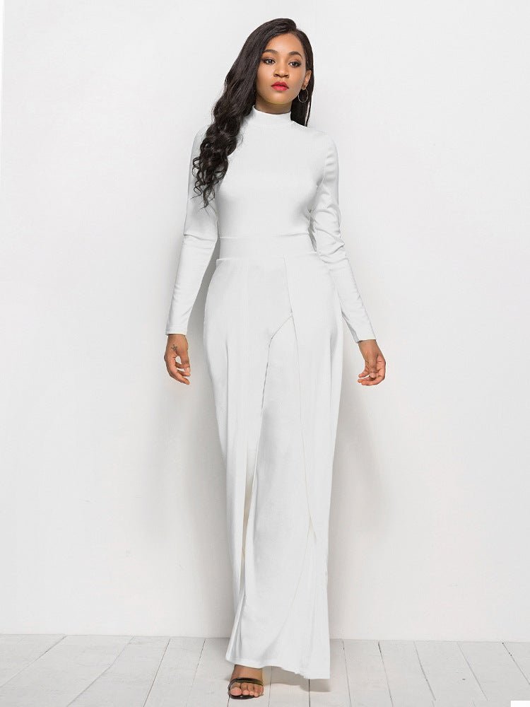 Long Sleeve Mock Neck Wide Leg Jumpsuit - Fashion Bug Online