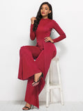 Long Sleeve Mock Neck Wide Leg Jumpsuit - Fashion Bug Online
