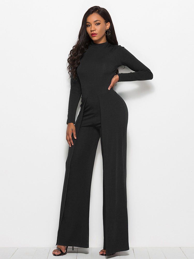 Long Sleeve Mock Neck Wide Leg Jumpsuit - Fashion Bug Online