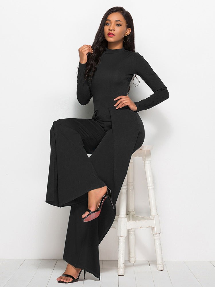 Long Sleeve Mock Neck Wide Leg Jumpsuit - Fashion Bug Online