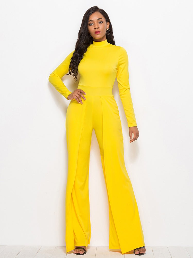 Long Sleeve Mock Neck Wide Leg Jumpsuit - Fashion Bug Online