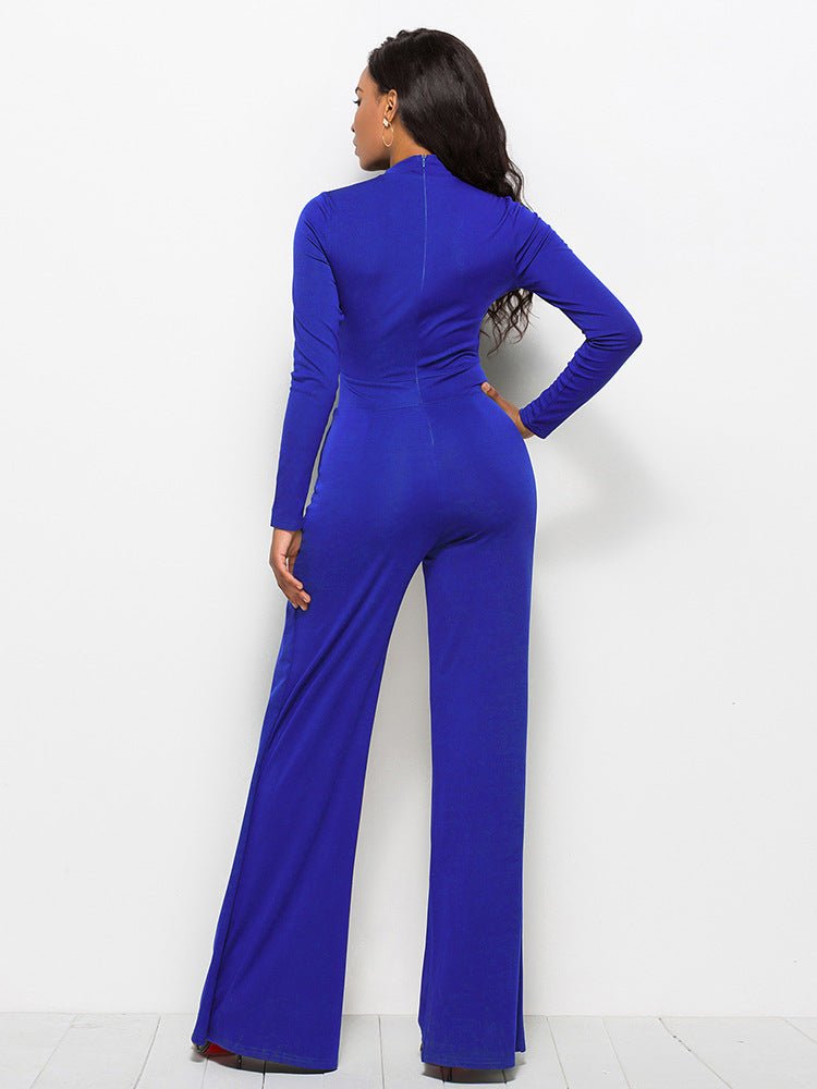 Long Sleeve Mock Neck Wide Leg Jumpsuit - Fashion Bug Online