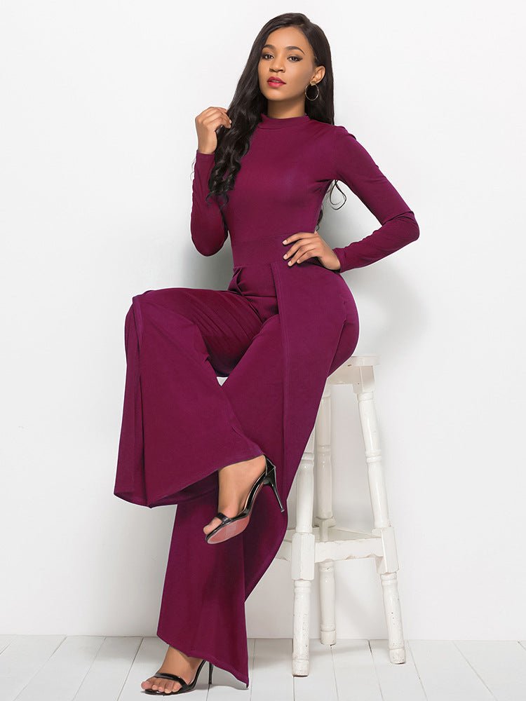 Long Sleeve Mock Neck Wide Leg Jumpsuit - Fashion Bug Online