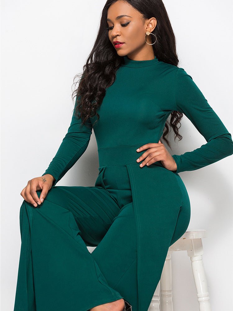 Long Sleeve Mock Neck Wide Leg Jumpsuit - Fashion Bug Online