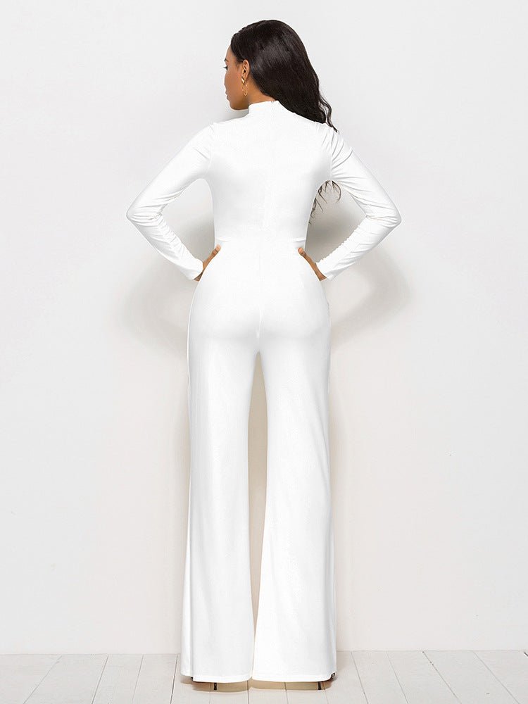 Long Sleeve Mock Neck Wide Leg Jumpsuit - Fashion Bug Online