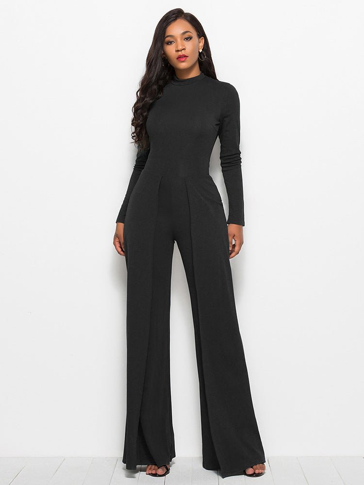 Long Sleeve Mock Neck Wide Leg Jumpsuit - Fashion Bug Online